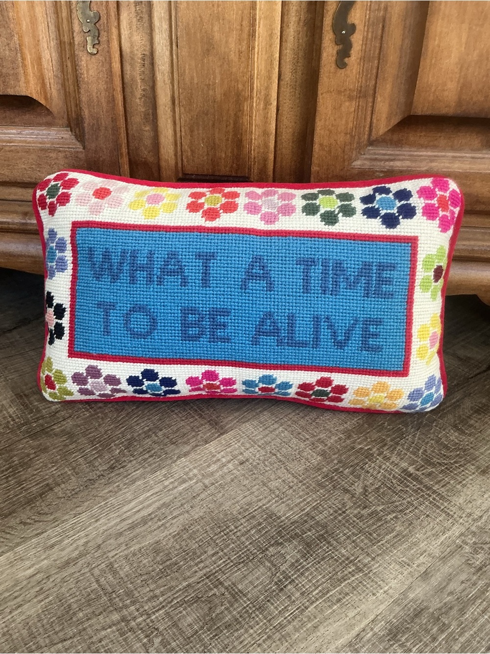 Furbish Studio Needlepoint Lumbar Pillow What A Time To Be Alive Red Floral